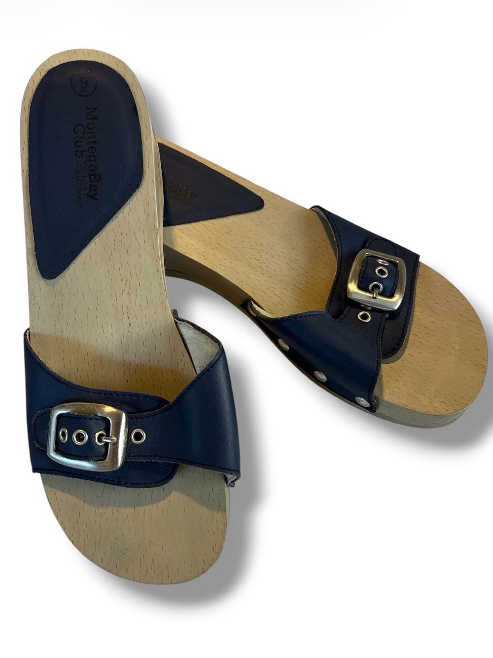 Montego Bay Club Navy Leather Wood Platform Wedge Clog Sandals Size 9